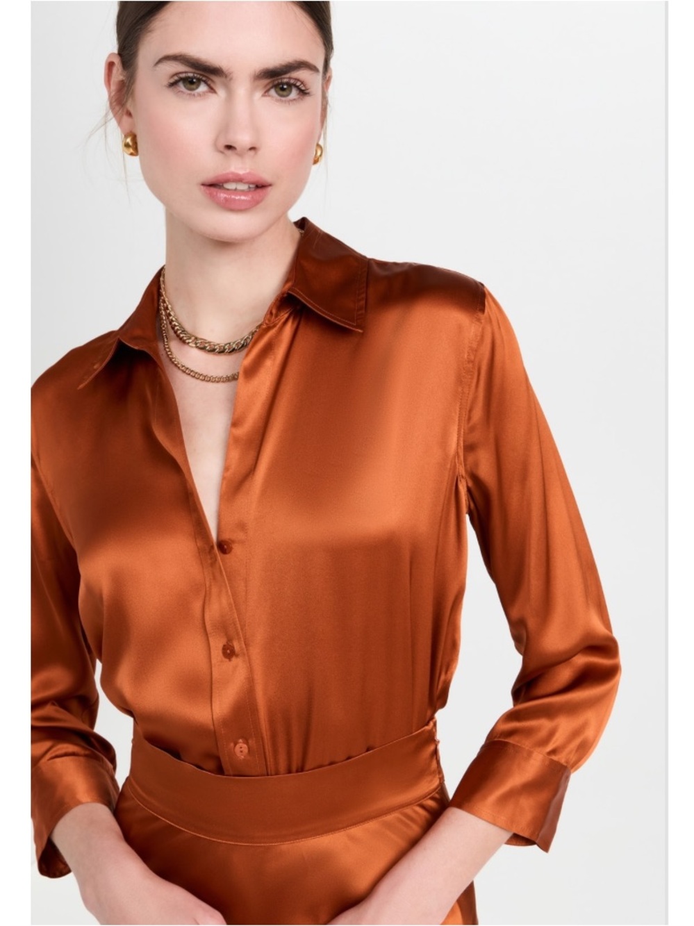 L’agence Blouse Dani 3/4 Sleeve Silk Button Down in Sienna Orange